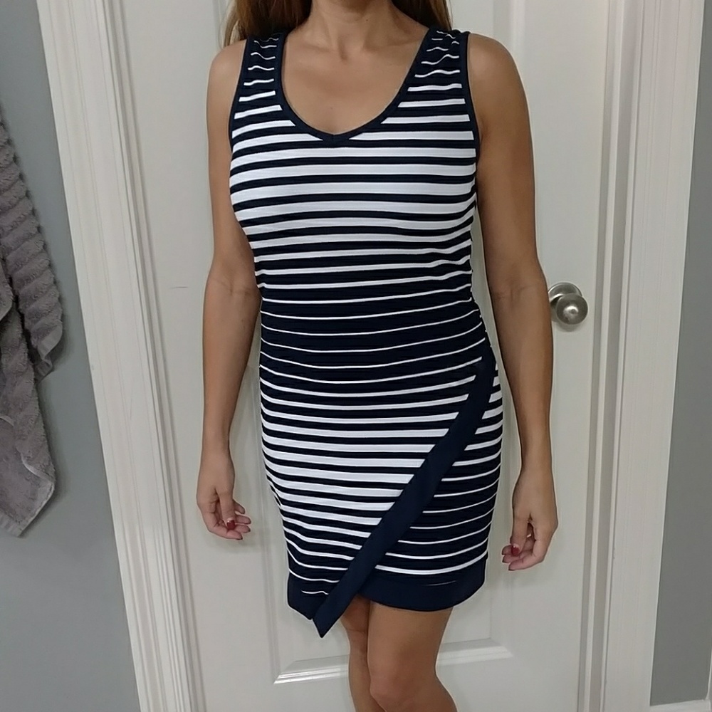 Striped asymmetrical above-the-knee dress